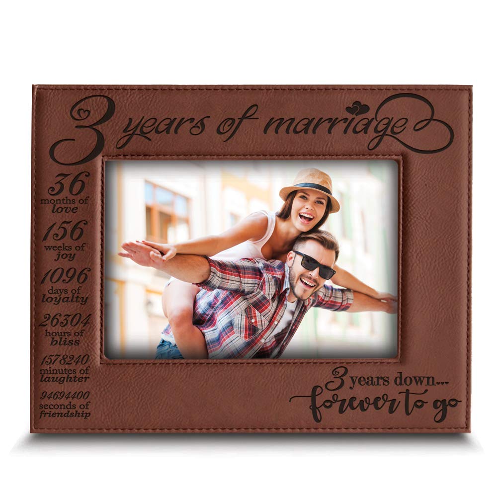 BELLA BUSTA 3 years of marriage-2015->2018- Years,Months, Weeks, Days, Hours, Weeks, Minutes, Seconds- Engraved Leather Picture Frame (5"x 7" Horizontal (Rawhide))
