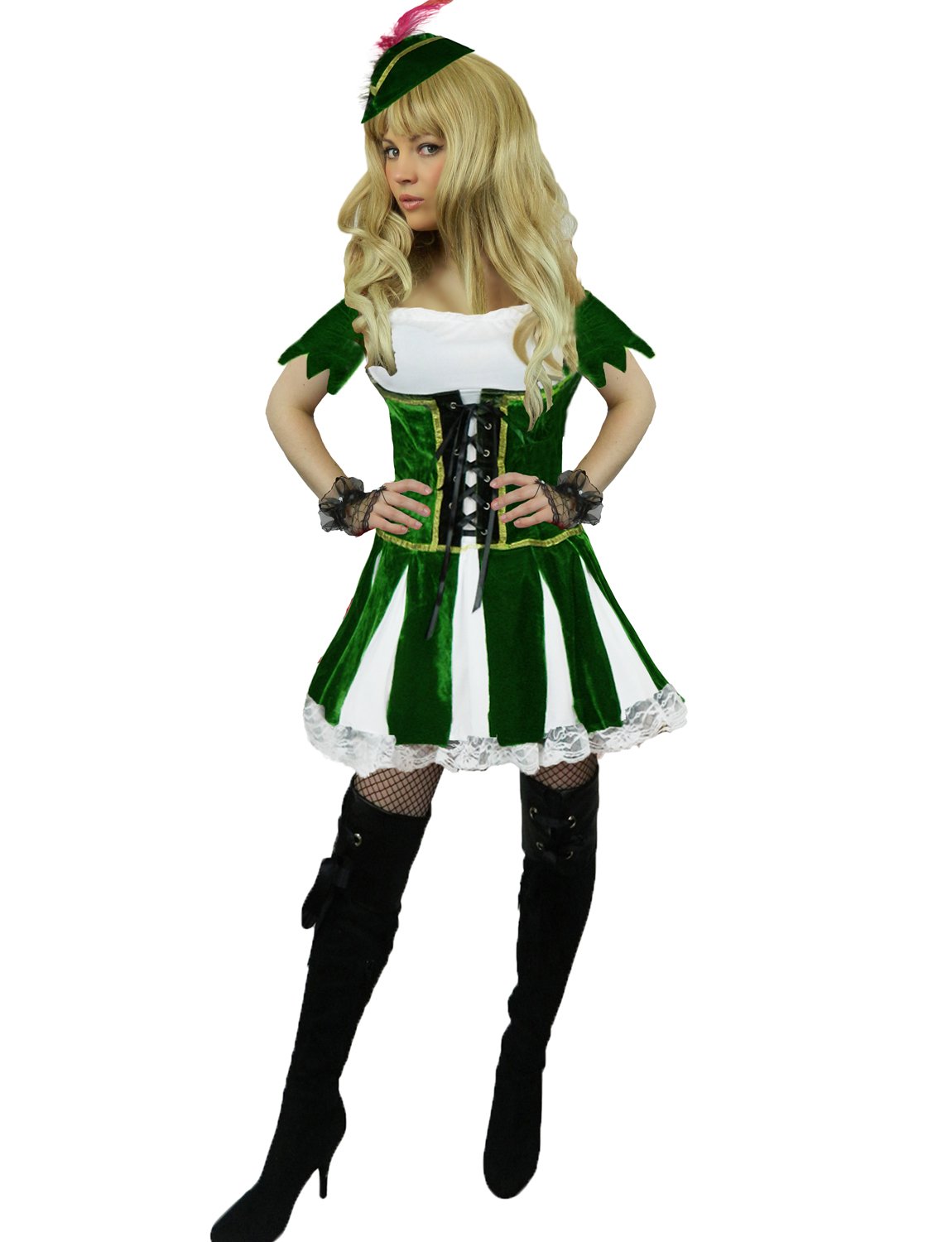 Yummy Bee - Robin Hood Costume Women's Deluxe Green Velvet Medieval Costume Plus Size Fancy Dress (10-12)