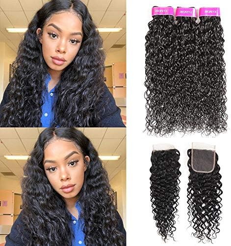 Brazilian Water Wave 3 Bundles with Closure 100% Unprocessed Virgin Hair Curly Wave Bundles Ocean Wave Bundles Wet and Wavy Human Hair Extensions Weave Bundles with 4X4 Lace Closure(24 26 28+20)