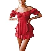 Fixmatti Women Boho Romper Off Shoulder Ruffle Chiffon Shorts Jumpsuit Playsuits