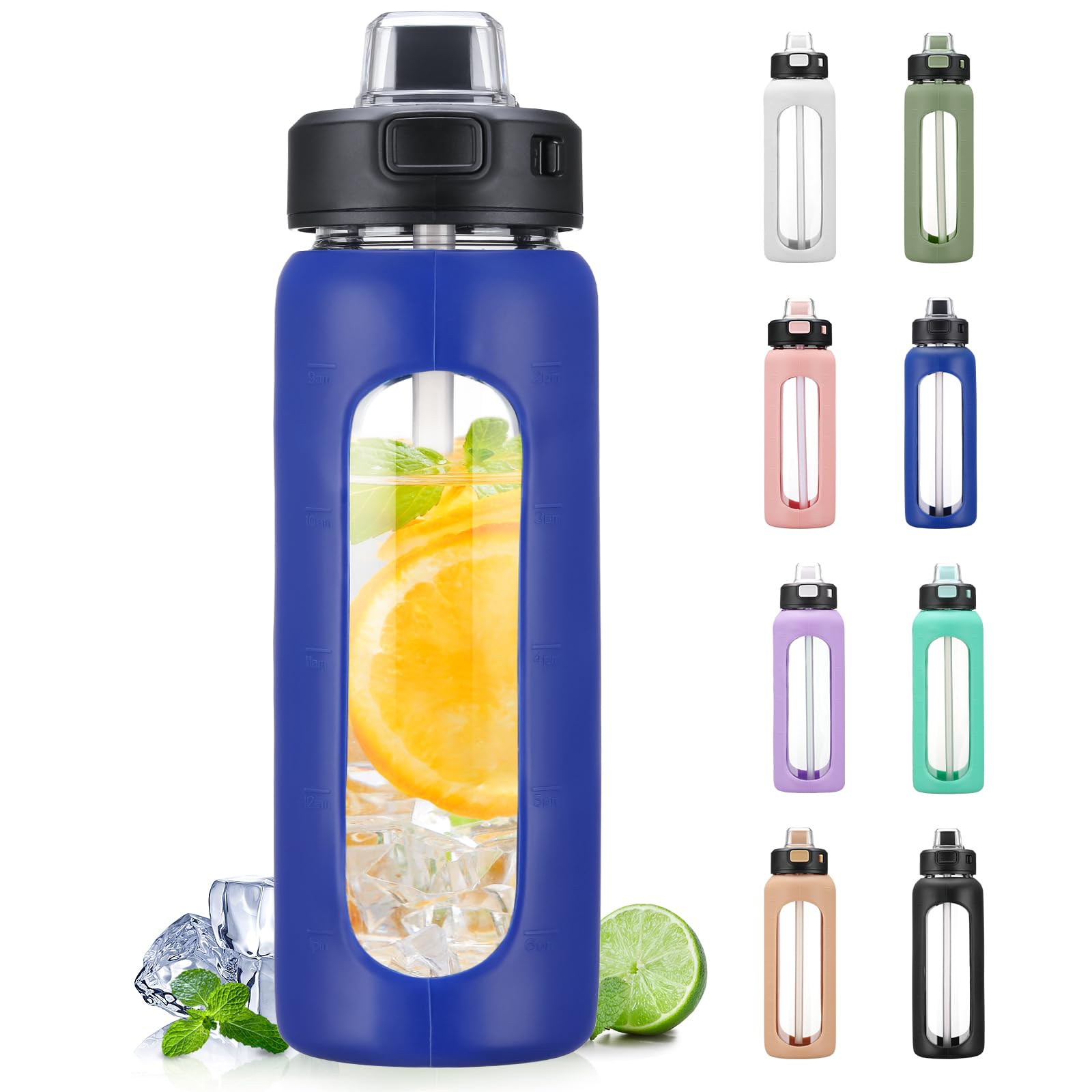 BLUEGO 700ml Glass Water Bottle with Handle and Straw Drinking Hydration Bottle with Silicone Sleeve and Time Marking Motivational Water Bottle for Gym Sports Outdoor Leak-proof,Dark Blue