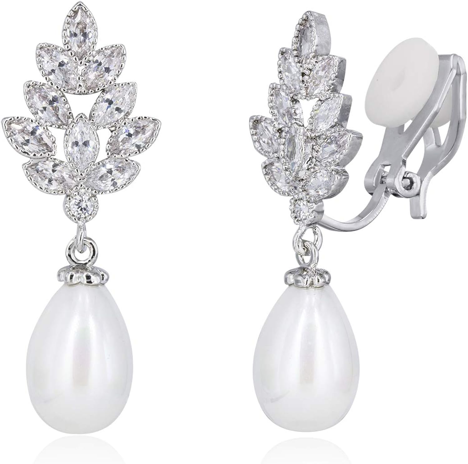 QUKE Leaf Shape Clip On Earrings for Women Cubic Zirconia Simulated Pearl Bridal Non-Pierced Dangle Jewellery