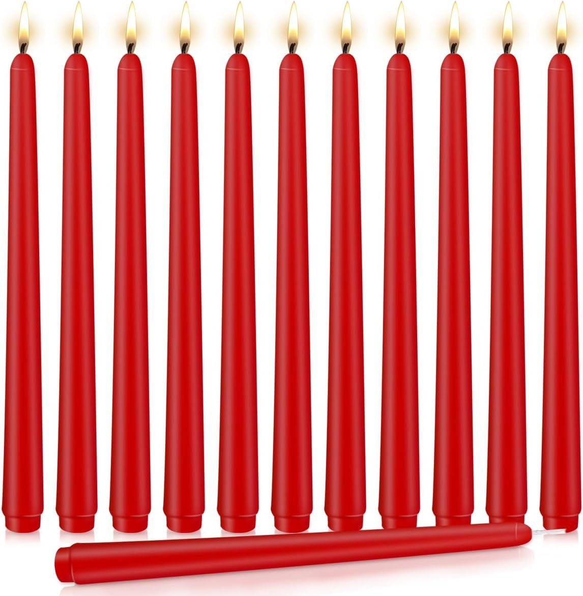 Photo 1 of 12 Pack Tall Red Taper Candles, 10 inch (H) Dripless, Unscented Dinner Candle, Smokeless Taper Candles, Paraffin Wax with Cotton Wicks, 8 Hours Burn Time