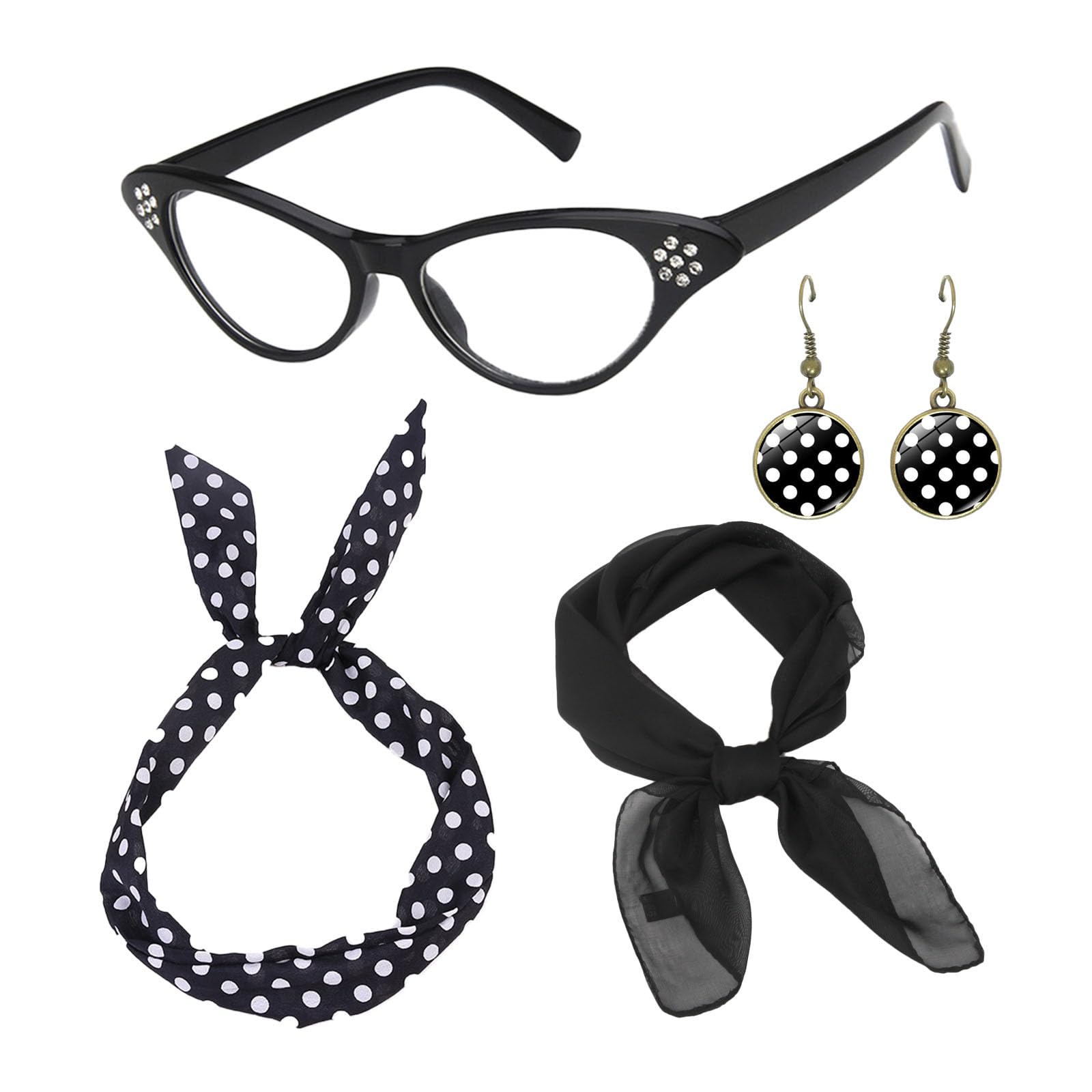 AWAVM 4 PCS 50s Costume Accessories,1950s Fancy Dress Cat Eye Glasses Polka Dot Bandana Tie Headband Earrings Black ladies Grease Fancy Dress for Women Girl Ladies Kids 1950s Retro Party Decor (Black)