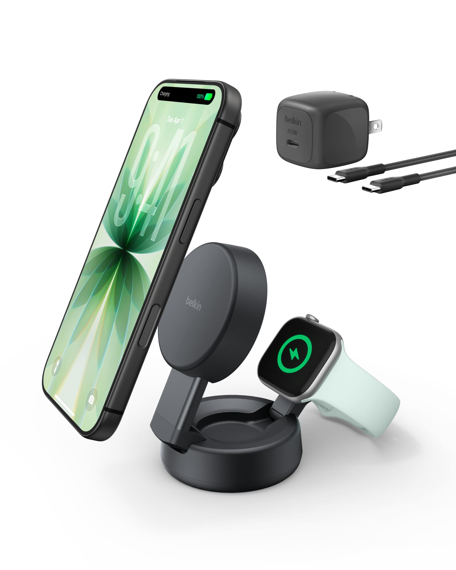 Photo 1 of Belkin MagSafe Charger Compatible, 2-in-1 Wireless Charging Station, Qi2.2 25W Convertible Magnetic Charger for iPhone 17, Apple Watch Series 10, Google Pixel 10, and More (45W Adapter Included)