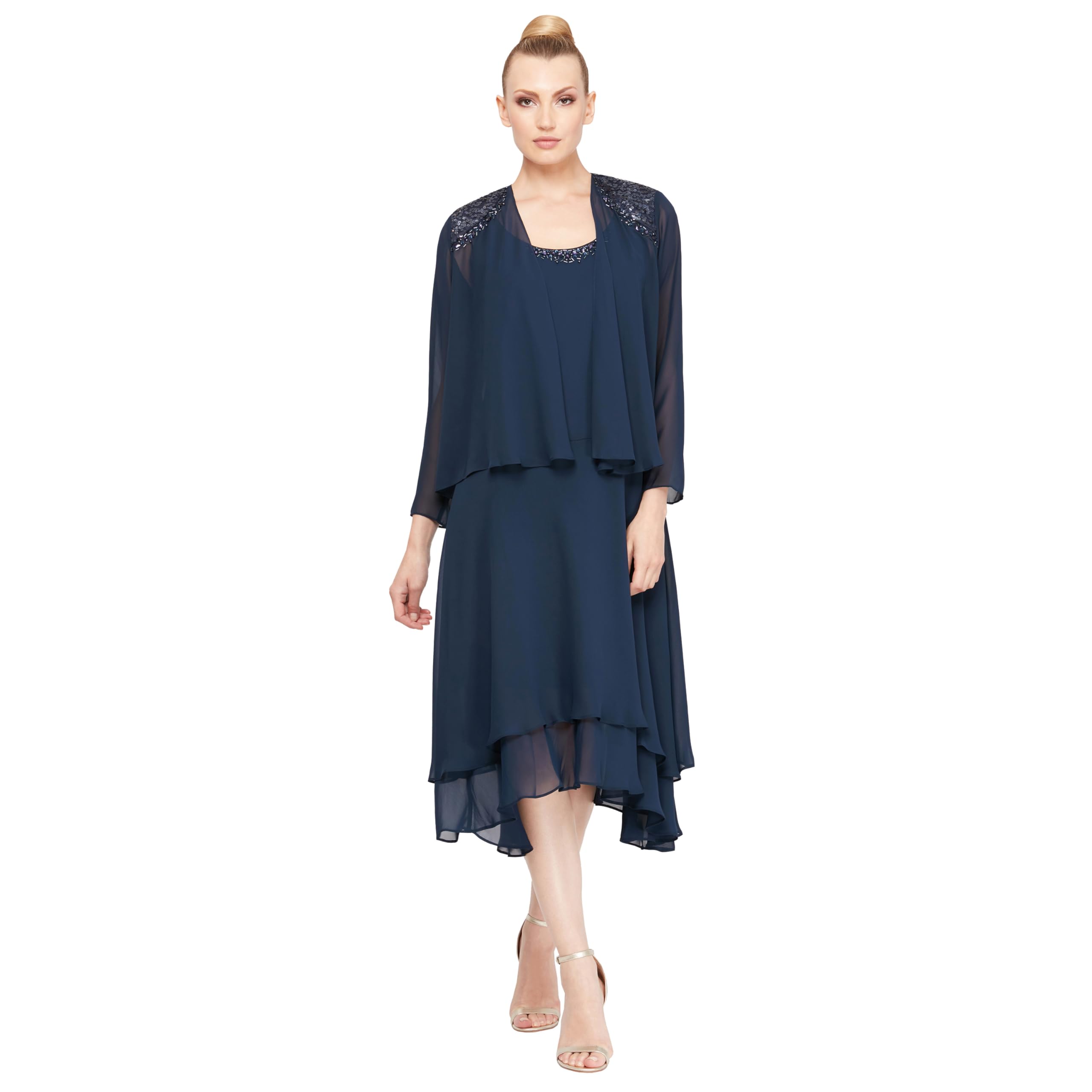 S.L. Fashions Women’s Petite Mother of The Bride Dress with Embellished Neckline & Shoulder, Wedding Guest, Navy, 6P
