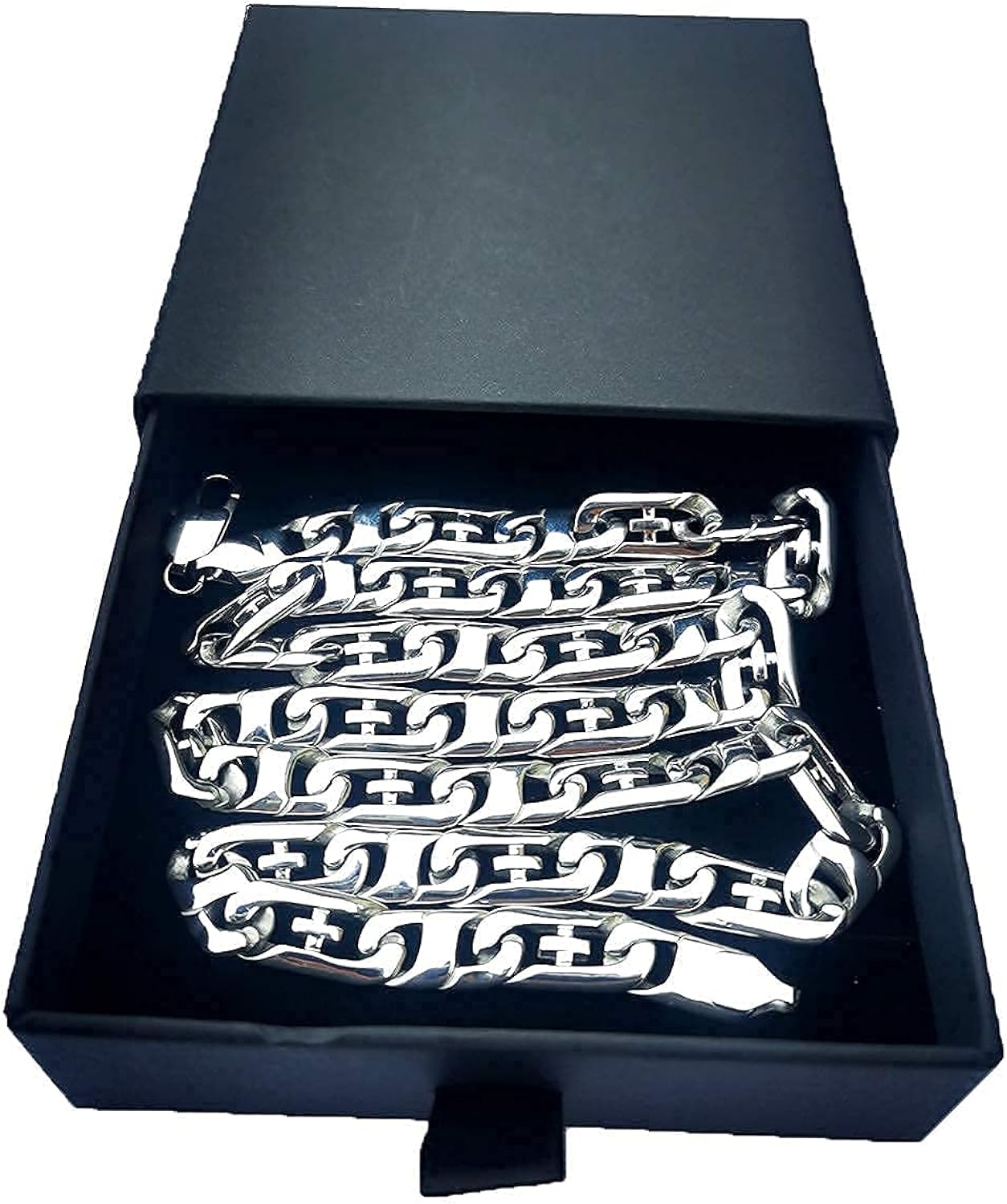 Flat Curb Mens Necklace, Figaro Chain for Men Boys, Highly Polished Stainless Steel Flat Cuban Link Necklace, Solid Flat Mariner Link Chain Necklace for Men | 