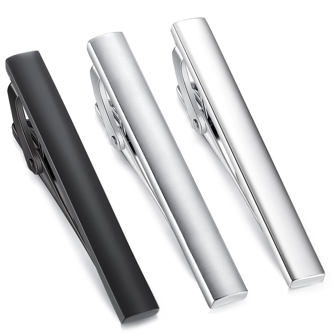 HONEY BEAR 2.12" 3pcs Set Mens Tie Clips Set Tie Bar for Normal Size Tie for Business Wedding Gift,5.4cm (Shinny+Brushed Silver+Black with box)