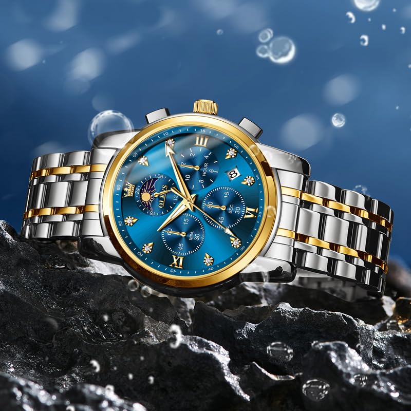 OLEVS Watch for Men Diamond Business Dress Analog Quartz Stainless Steel Waterproof Luminous Date Two Tone Luxury Casual Wrist Watch Blue