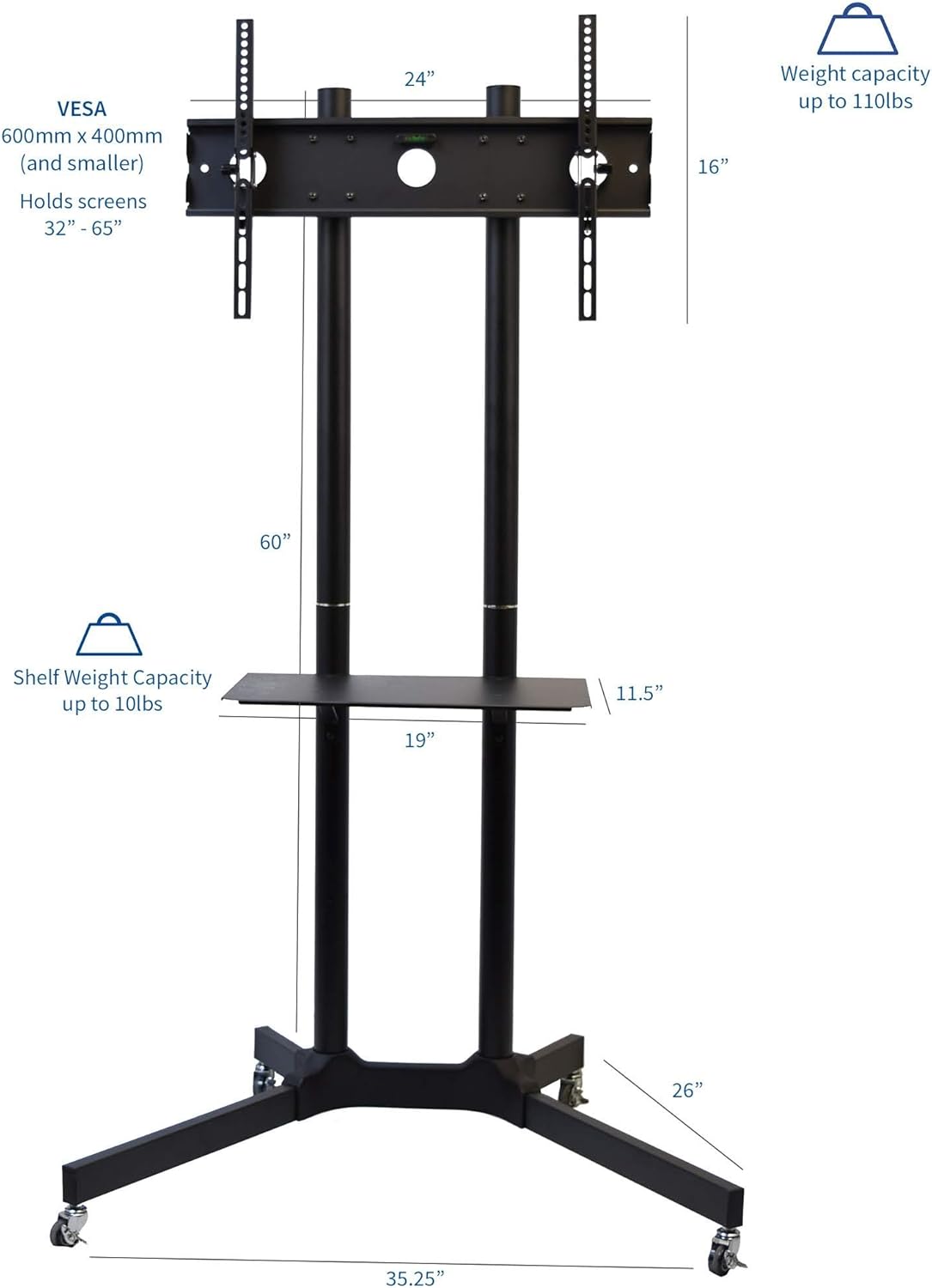 VIVO Mobile TV Cart for 32-65 inch LCD LED Plasma Flat Panel Screen TVs up to 110 lbs, Pro Height Adjustable Rolling Black Stand with Laptop Shelf & Locking Wheels - Max VESA 600x400 (STAND-TV03E) : Office Products
