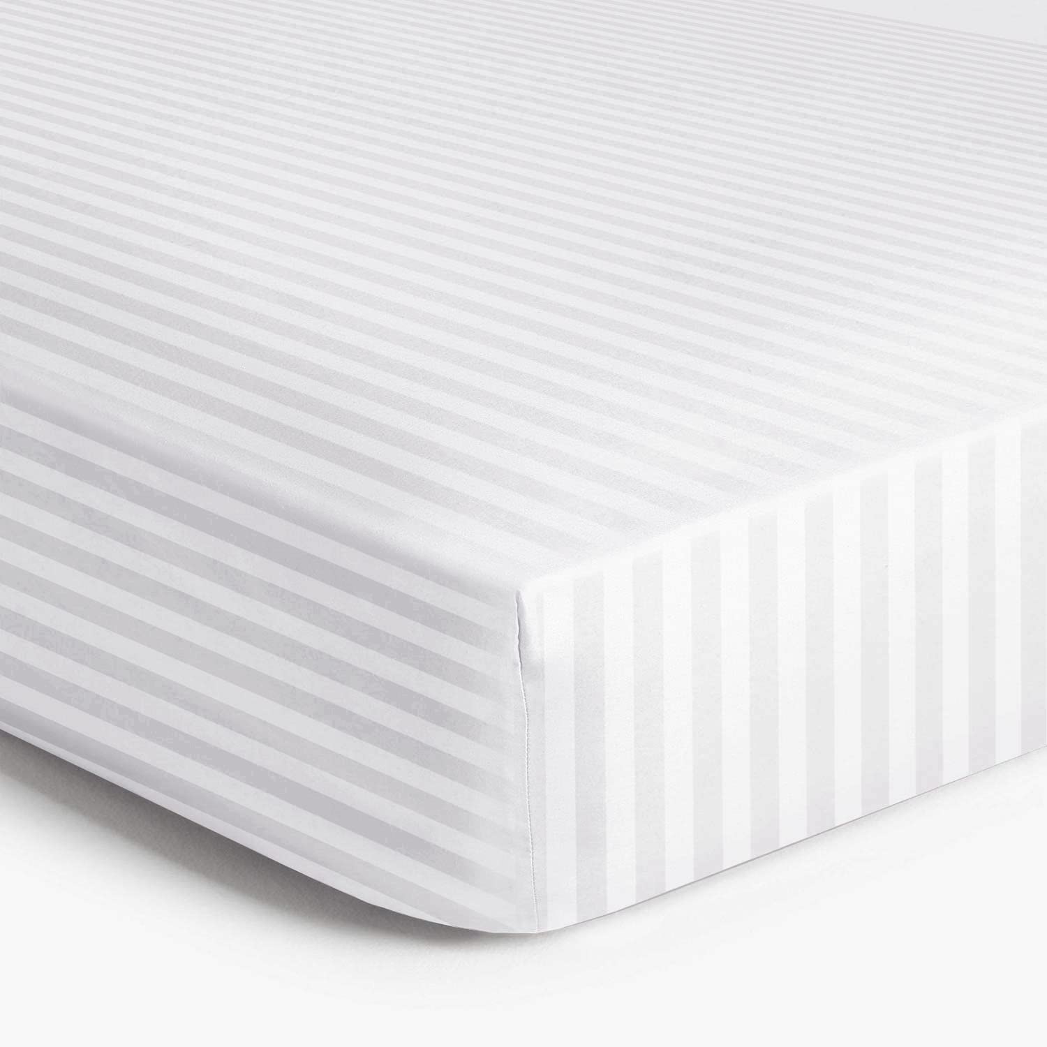 MOONLIGHT20015 Fitted Sheet Double 40cm Soft Brushed Microfiber with Satin Stripes Fade Resistant Easy Care Breathable Bed Sheets (White, Double)