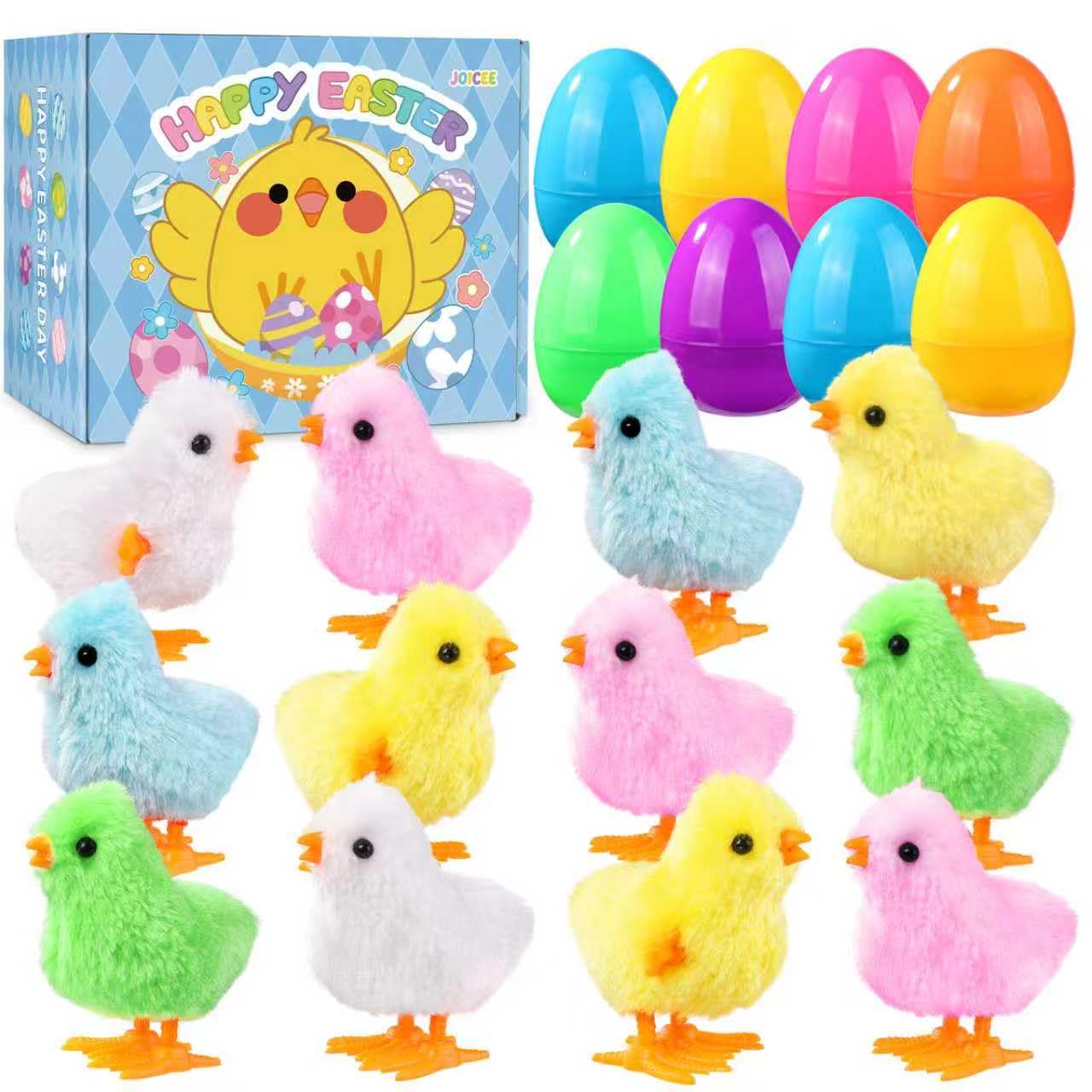 JOICEE 12 Pcs Easter Eggs with Wind Up Chicks, Jumping Wind Up Chicken Toy Set for Kids Easter Party Favors Eggs Hunt Game Basket Stuffers