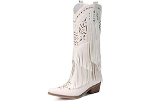 Bybmorto Cowboy Boots for Women - Fringe Knee High Cowgirl Boots with Classic Embroidery, Pointed Toe Pull on Retro Design, Perfect for Western Parties, Weddings and Events
