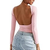 SUUKSESS Women Backless Going Out Tops Double Lined Open Back Basic Long Sleeve