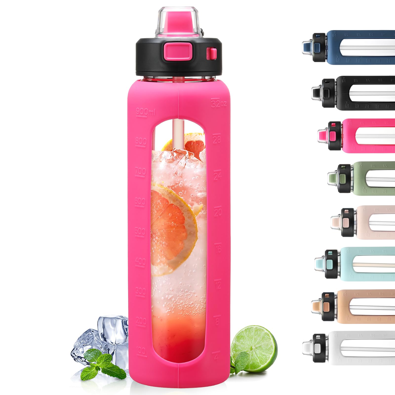 BLUEGO 900ml Glass Water Bottle with Handle and Straw Drinking Hydration Bottle with Silicone Sleeve and Time Marking Motivational Water Bottle for Gym Sports Outdoor Leak-proof,Rose red