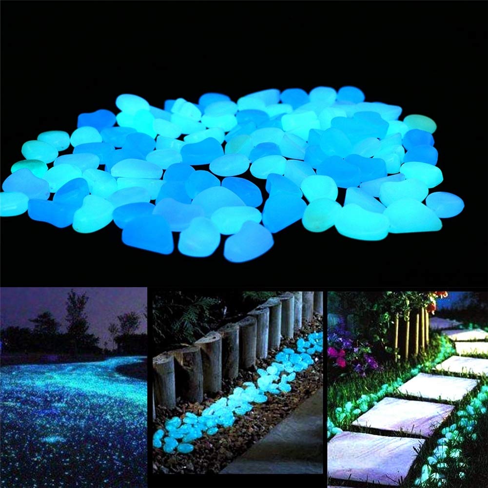 Pilipane Glow in the Dark Pebbles 100Pcs Polystyrene Fluorescent Luminous Stones with 100 Pieces Glow Pebbles for Garden Lawn Aquarium Plant Decoration Blue