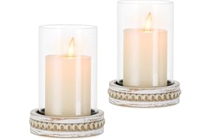 Glasseam Hurricane Glass Candle Holders, Rustic Pillar Candle Holder Set of 2, Farmhouse Candle Holders for Table, Cylinder Candle Holder with Beaded Candle Plates for Dining Living Room Decorations