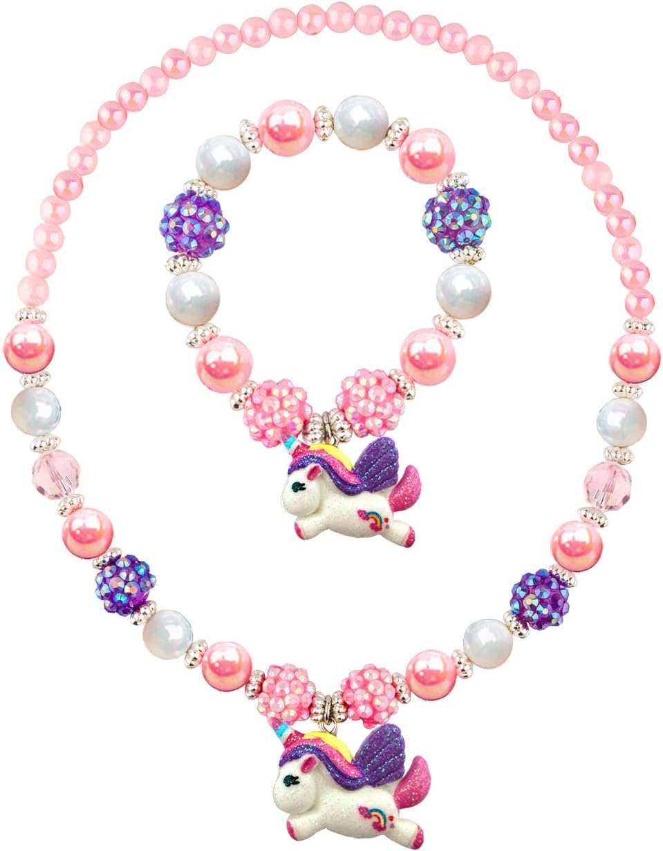 Skywisewin Glitter Unicorn Pendant Chunky Bubblegum Necklace and Bracelet Set Girls Gift (Unicorn Necklace 3)