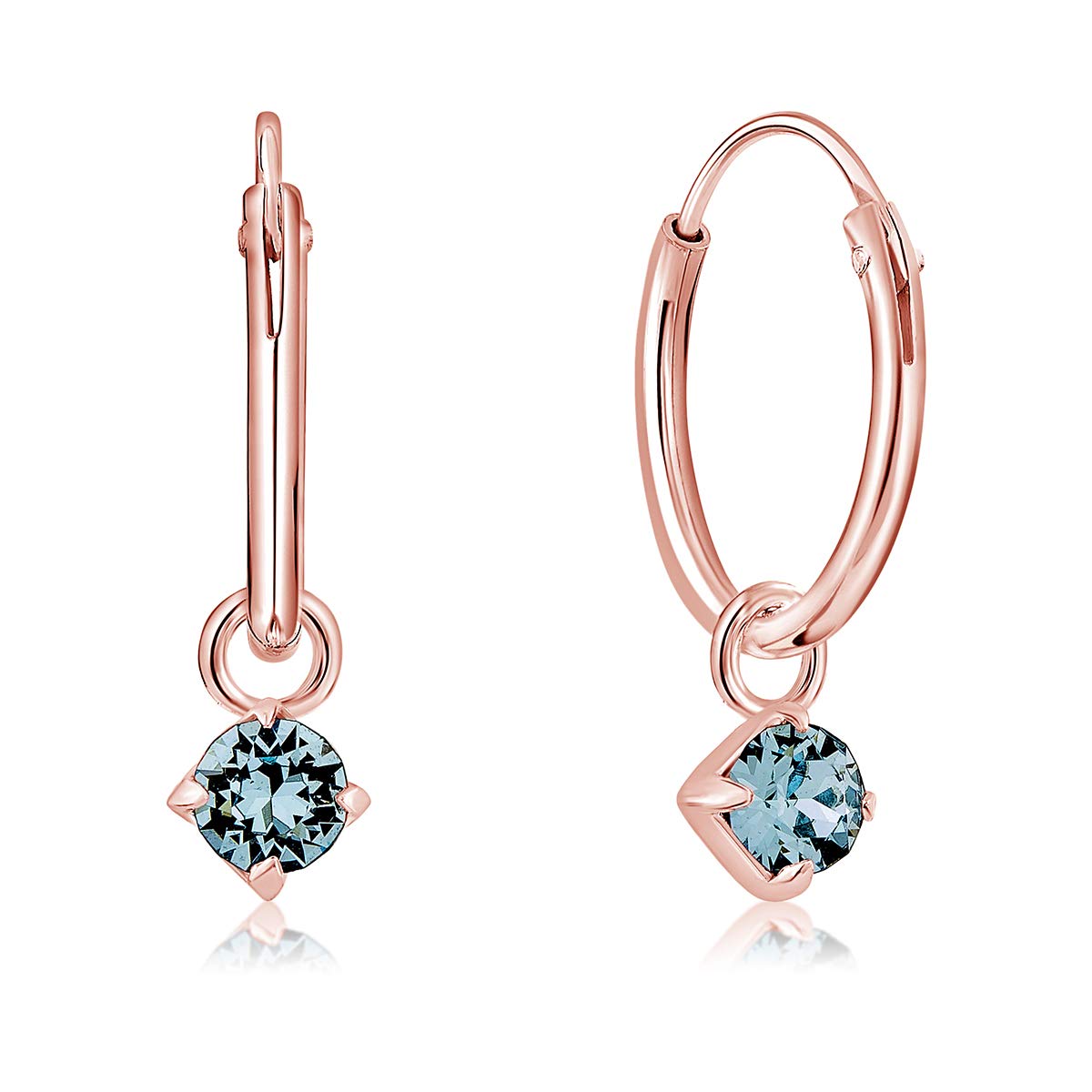 DTPsilver® 925 Sterling Silver Rose Gold Plated SMALL Hoops Earrings & Round Dangling 3 mm Crystals from Swarovski® Elements - Thickness 1.2 mm - Diameter: 12 mm - Colour : Blue Aquamarine