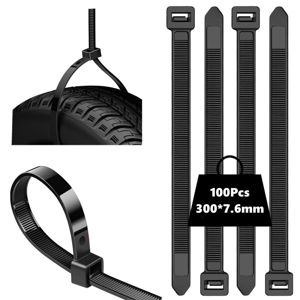 100Pcs Cable Ties Black, 300mm x 7.6mm, Heavy Duty Nylon Cable Ties with 55kg Tensile Strength, Multi-Purpose Zip Tie Wraps for Indoor Outdoor Home Office