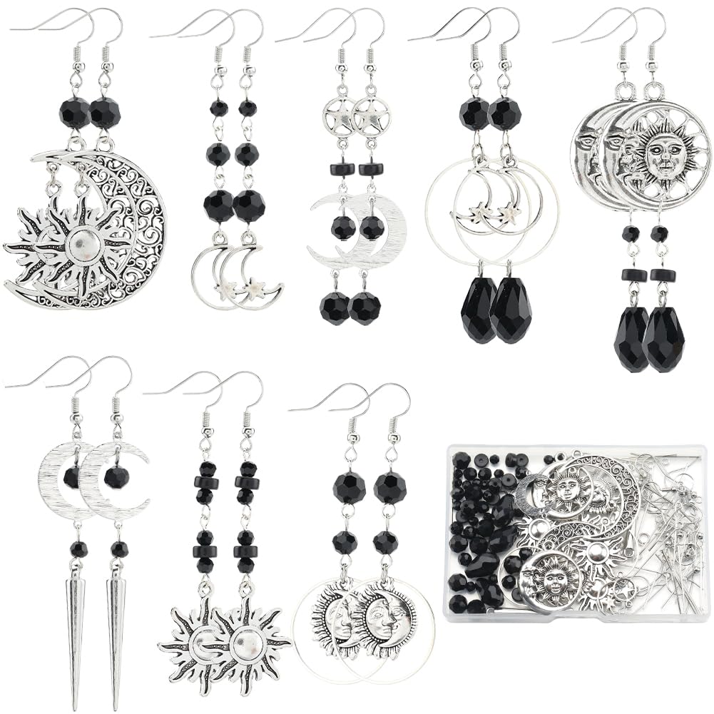 SUNNYCLUE 1 Box 10 Pairs Halloween Earring Making Kits Sun Moon Star Charms Crescent Charm Gothic Style Charms Teardrop Round Glass Beads for jewellery Making Kits DIY Dangle Earrings Gift Supplies