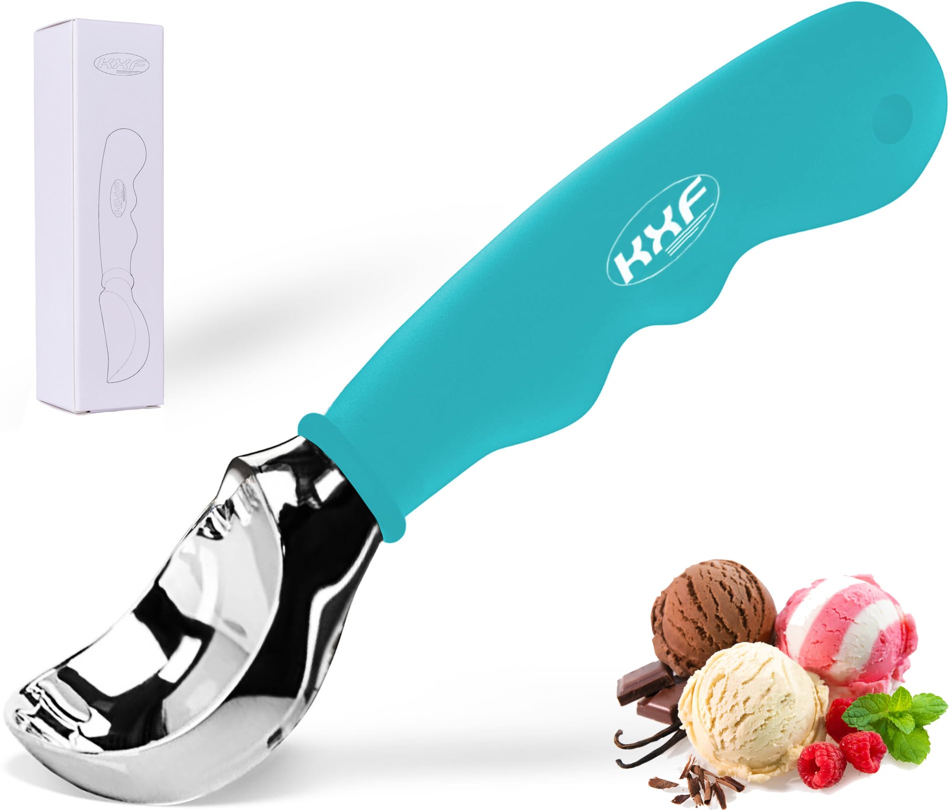 KXF Stainless Steel Ice Cream Scoop with Non-Slip Rubber Grip Heavy Duty Ice Cream Spoon Sturdy Icecream Scooper Cookie Fruit Scoop for Cookie Dough, Mash Potatoes, Melon Balls, Dishwasher Safe(Blue)