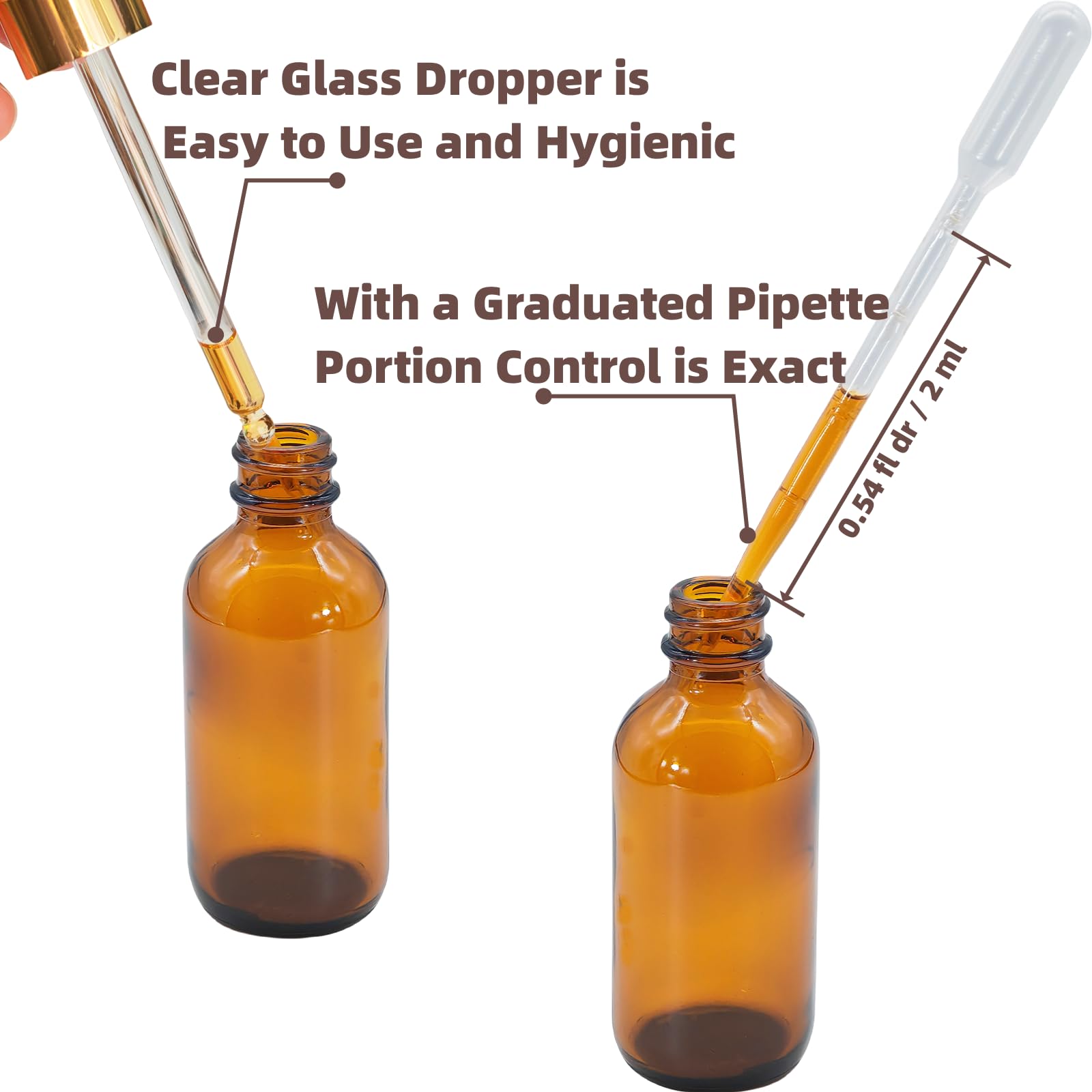 4 PACK 2 oz Amber Glass Dropper Bottle, Golden Cap 60 ml Dropper Bottles, Tincture Bottle for Essential Oils, Liquids - Leakproof Travel Bottles