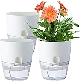 Oliz 6 Inch Self Watering Plastic Plant Pots for Indoor Plants - 3 Pack White Orchid Planters with Wick Ropes & Drainage Holes, Modern Decorative Garden Pots with Water Reservoir