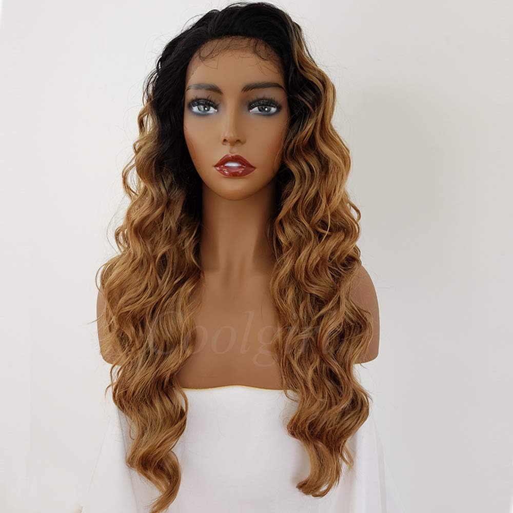 Coolgirl Ombre Blonde Synthetic Lce Front Wig Long Deep Wave Wigs Blonde Hair Wigs 2Tone Long Curl Realistic Synthetic Wigs Replacement Wig for BLack Women 24Inches
