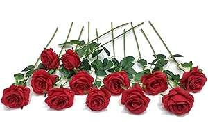 Laelfe 12 pcs Artificial Red Roses Flowers Long Stem Fake Silk Rose for Home Wendding Decorations(Red)