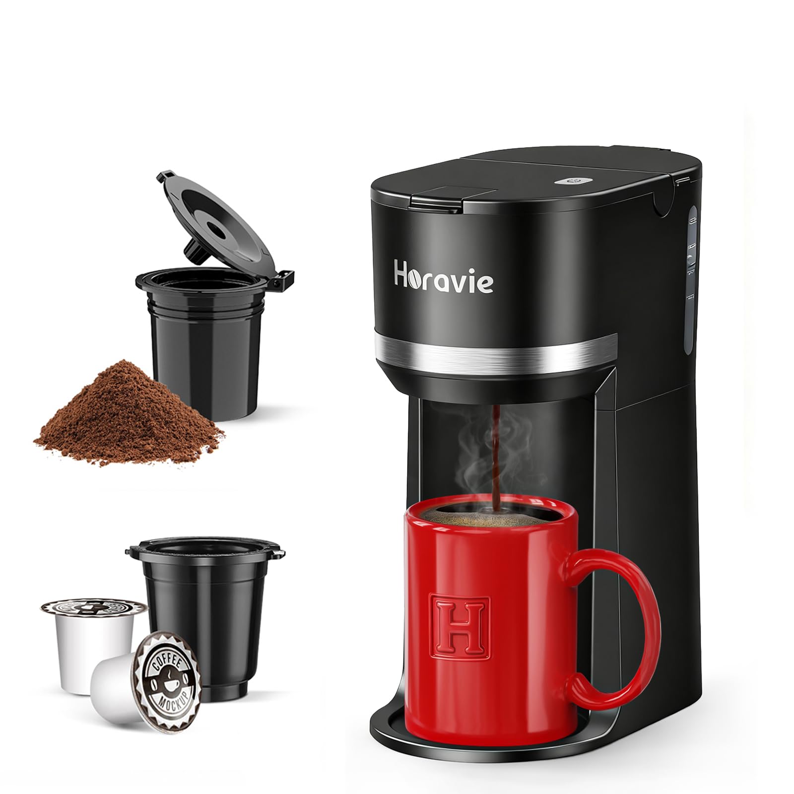 Horavie Mini Single Serve Coffee Maker for K Cup and Ground Coffee, Fast Brew One Cup Coffee Machine with Descaling Reminder and Water Window, 6 to 12 oz. Brew Sizes, Black