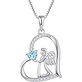 FJ Heart Guardian Angel Necklace 925 Sterling Silver Angel Wing Pendant Birthstone Jewelry for Women