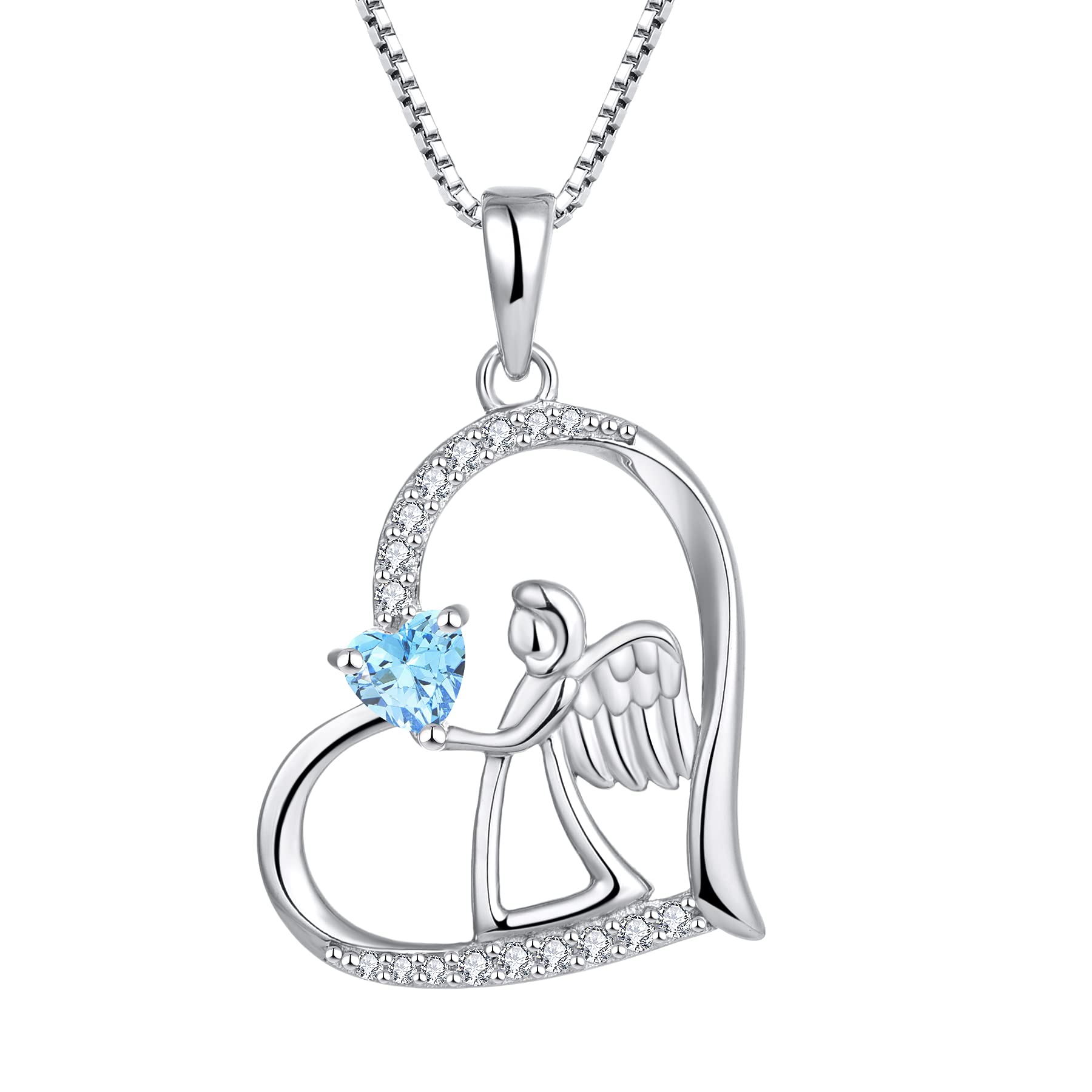 FJ Heart Guardian Angel Necklace 925 Sterling Silver Angel Wing Pendant Aquamarine Necklace March Birthstone Jewellery for Women