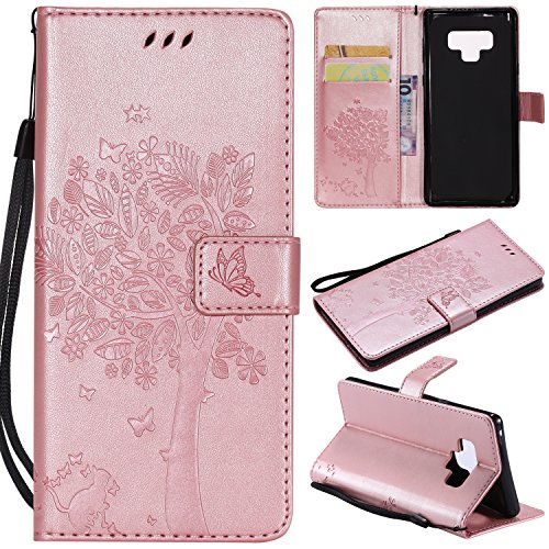 Galaxy Note 9 Case,Samsung Note 9 Wallet Case,Galaxy Note 9 Flip Case PU Leather Emboss Tree Cat Flowers Folio Magnetic Kickstand Cover with Card Slots for Samsung Galaxy Note 9 Rose Gold