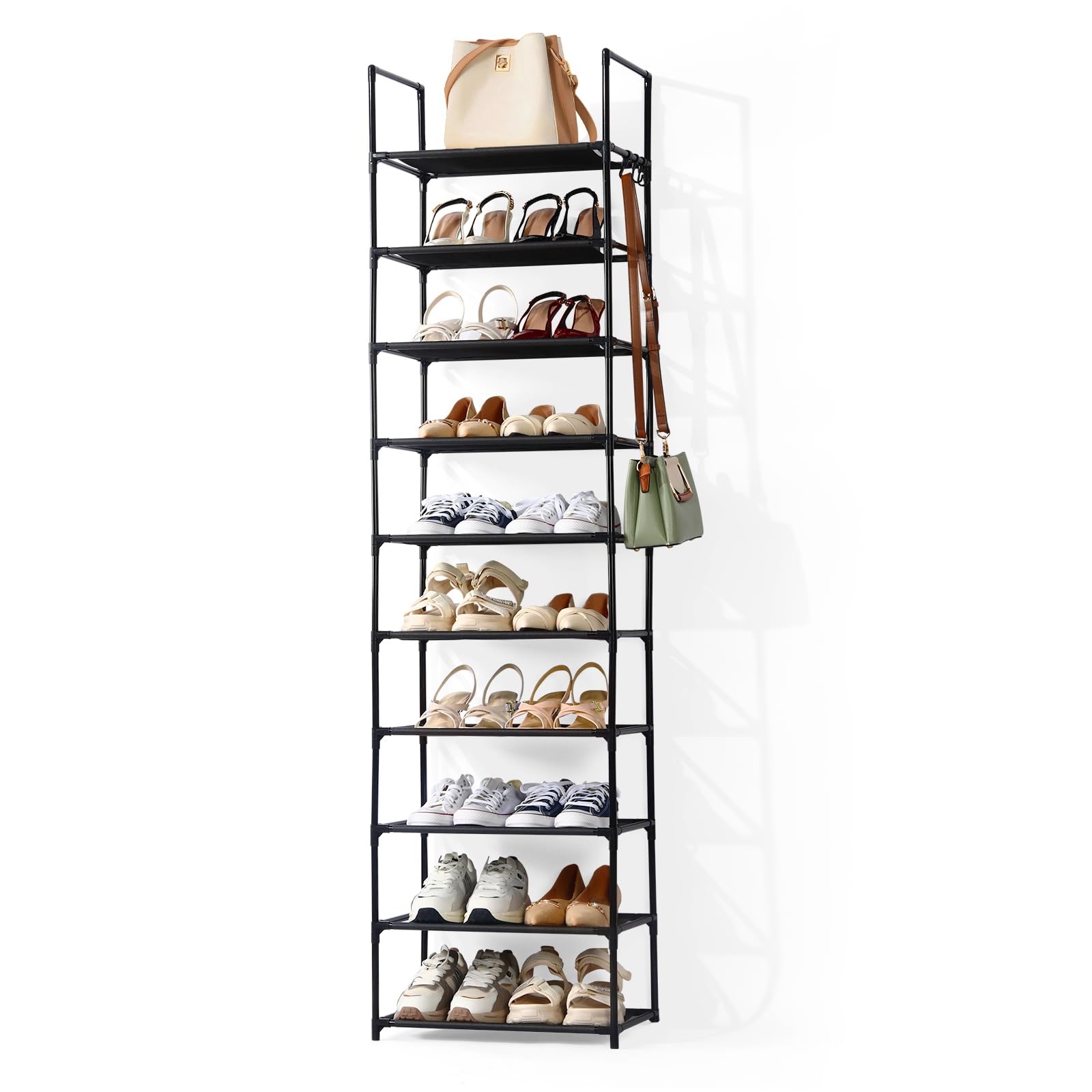 JVISION 10-Tier Tall Metal Shoe Rack 45x28x190cm with Hooks Premium Non-Woven Stackable Shoe Storage Organiser for Hallway & Bedroom, Holds Up to 20 Pairs