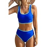 CUPSHE Women's Bikini Sets Two Piece Swimsuit Scoop Neck Tank Wide Straps Midkini Stitching