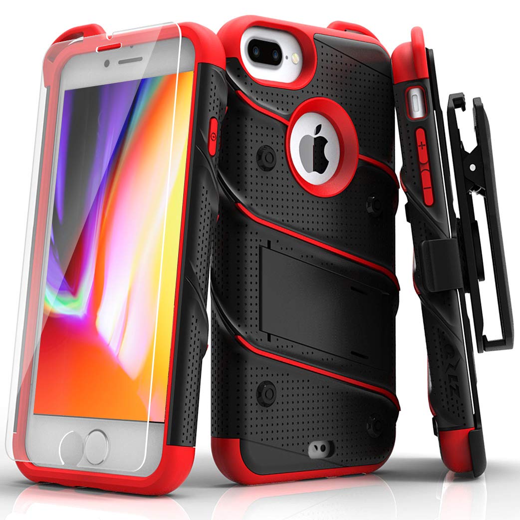 Zizo Bolt Series iPhone Plus Plus Case Tempered Glass Screen  Protector with Holster and 12ft Military Grade Drop Tested (Black Red) - Main Image