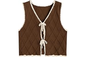 Verdusa Women's Old Money Bow Tie Crochet Sweater Vest Contrast Binding Knot Front V Neck Knit Top