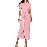 ZESICA Women's 2026 Summer Short Sleeve Bodycon Midi Dress Crewneck Ruched Split Wedding Guest Cocktail Wrap Dresses