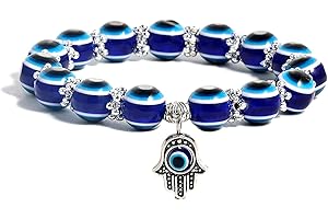 SUMMER LOVE Evil Eye Hamsa Blue Beaded Charm Stretch Bracelet Hand of Fatima Turkish Lucky Evil Eye Bracelet for Protection and Blessing