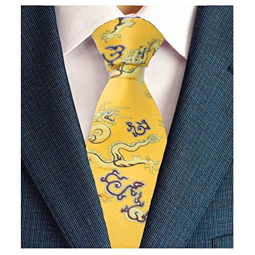 Fuerjia Silk Mens Neckties Dragon Printed Jacquard Woven Party Mens tie(B04-Yellow)