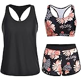 Yonique 3 Piece Athletic Tankini Swimsuits for Women with Shorts Swim Tank Tops with Sports Bra and Boyshorts Bathing Suits
