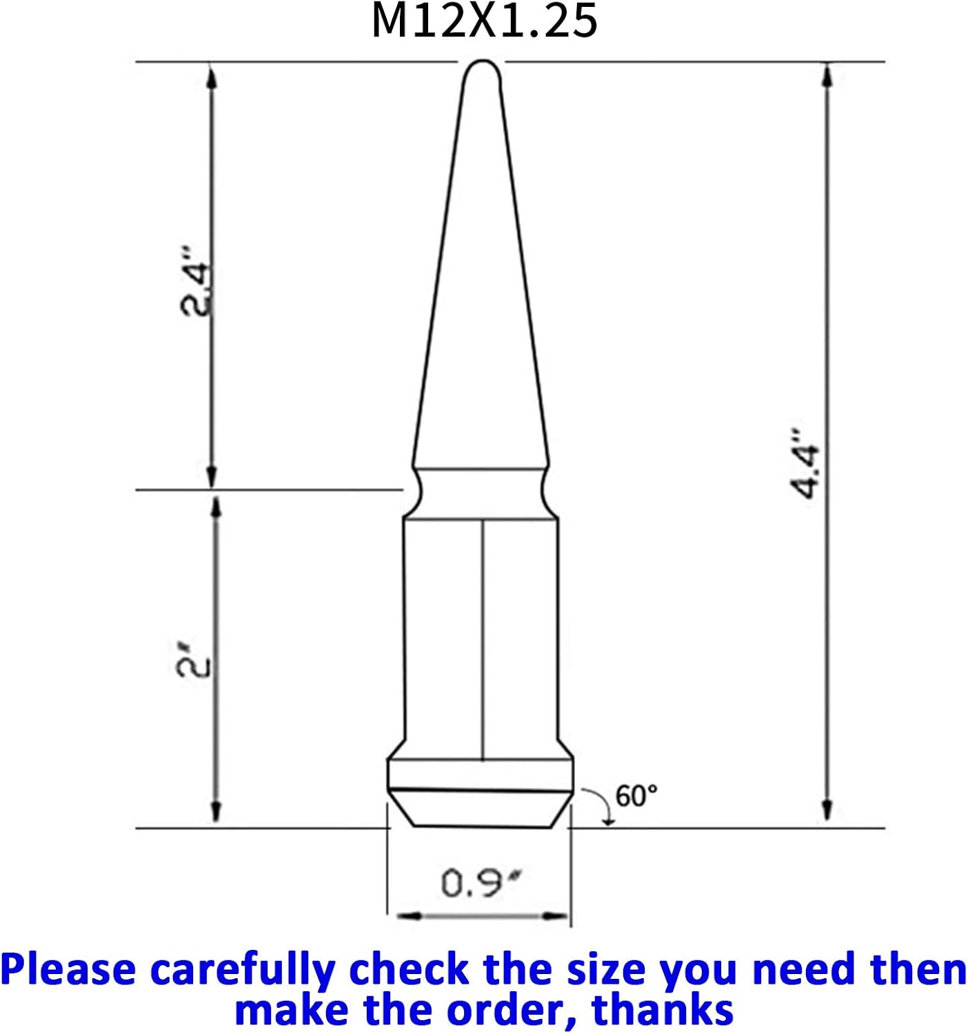 Spike Lug Nuts 12X1.25 24 pc Compatible with Aftermarket Parts w/ 1 Key, Black: Automotive
