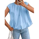 Cicy Bell Womens Summer Cap Sleeve Blouses Casual Pleated Open Back Crew Neck Bubble Tank Tops Bow Tie Cotton Shirts