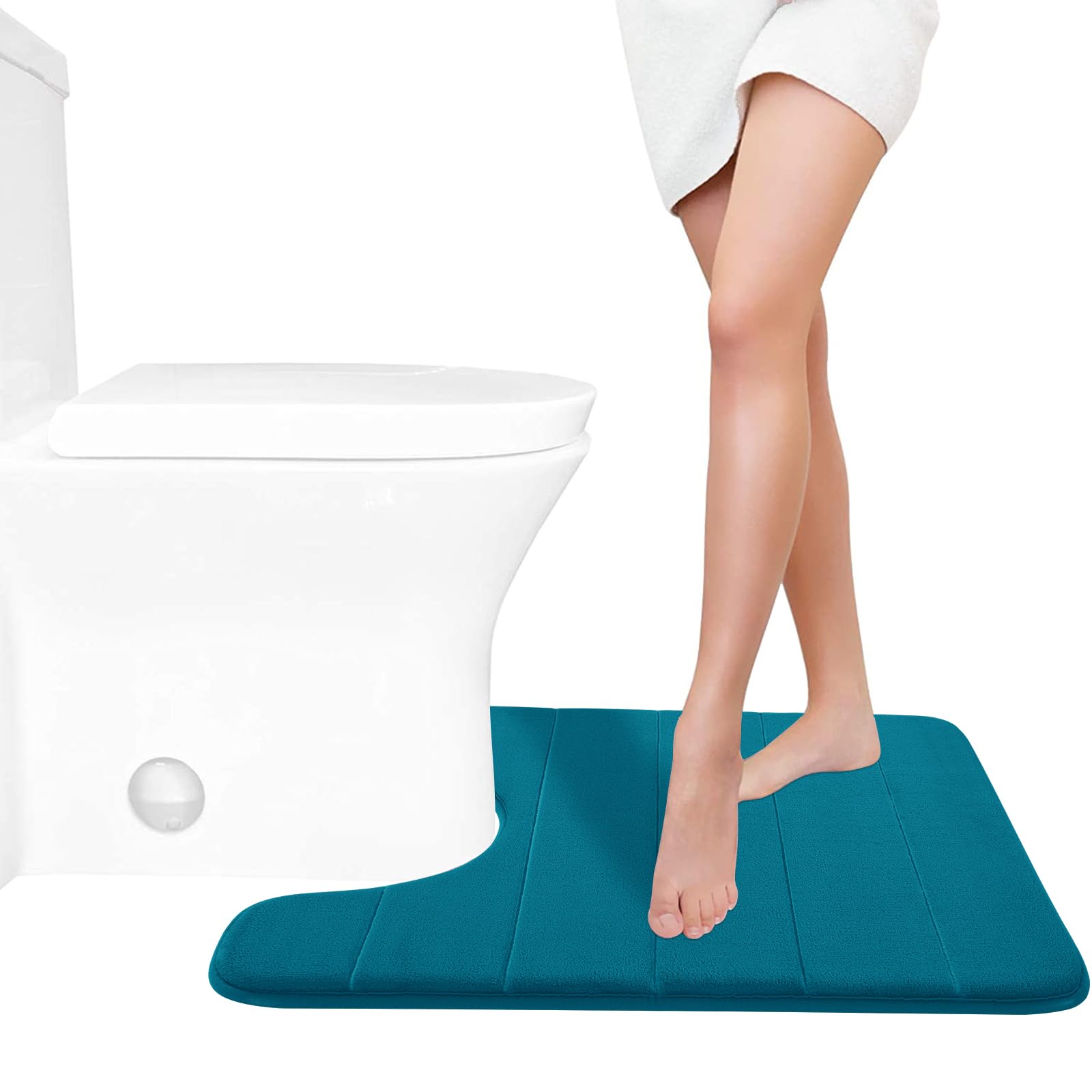 Photo 1 of Yimobra Memory Foam Toilet Bath Mat U-Shaped, Soft and Comfortable, Water Absorption, Non-Slip, Thick, Machine Wash and Easier to Dry for Bathroom Commode Contour Rug, 24 X 20 Inches, Peacock Blue
