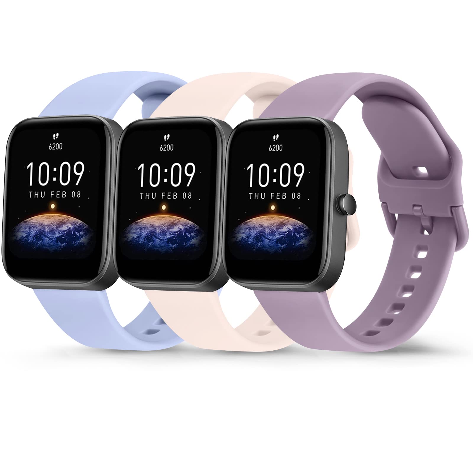 AK Pack 3 Straps for Amazfit Bip 3 Pro/Bip 3/Bip U Pro/Bip/Bip Lite/Bip S/Bip S lite/Bip U Women Men,20mm Soft Silicone Sport Replacement (Nude Pink/Nude Blue/Violet)