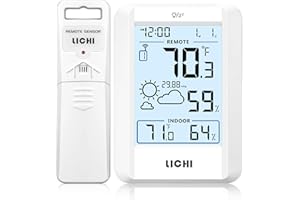 LICHI Indoor Outdoor Thermometer Wireless Weather Station Inside Outside Thermometers Hygrometer Monitor,with 330ft Range Remote Sensor, Battery Powered Backlight Display