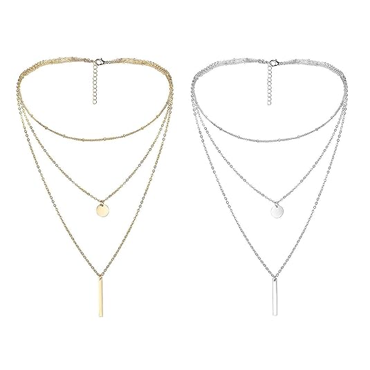 Finrezio 2 Stücke Kette für Damen Mädchen Golden und Silbrig Quader Tag Bar Rund Plättchen Charm Anhänger Multilayer Dreireih