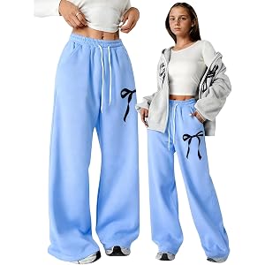 Girls Sweatpants Bow Baggy Wide Leg Sweat Pants with Pockets Elastic Waist Cute Casual Pants
