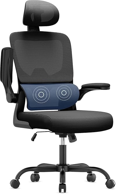 naspaluro Bürostuhl Ergonomischer, Schreibtischstuhl mit Hochklappbaren Armlehnen, Dynamischer Lordosenstütze, Höhenverstellbarer Bürostuhl mit 120° Wippfunktion, Upgrade Schwarz